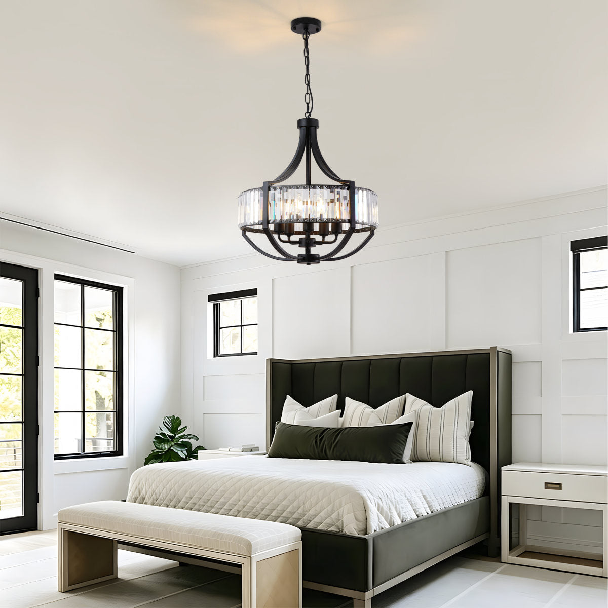 20" Modern Farmhouse Crystal Chandeliers for Dining Room, 5-Light Black Antique Pendant Chandelier, Contemporary Hanging Light Fixture for Living Room Bedroom Foyer Kitchen Island Entryway