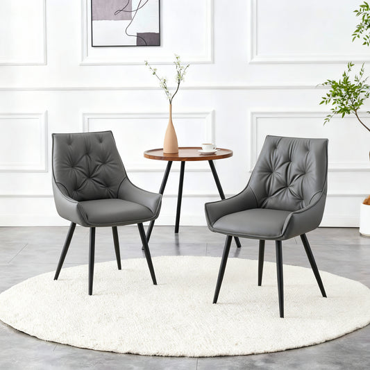 Dining Chairs Set Of 2, Dark Gray Faux Leather Dining Room Chair, Metal Kitchen Chairs With Gold Mesh Texture And Black Sanded Legs, Flat Back Upholstered Chair  Dark Gray, Set Of 2