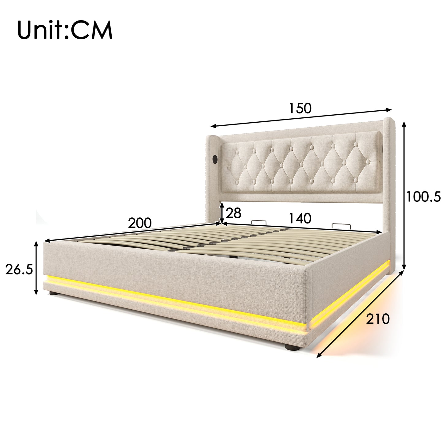 Upholstered Bed Double Bed 140x200 Cm, Beige Cotton Material Hydraulic Storage Bed, Upholstered Headboard With USB Type-C Charging Function, 3-sided LED Function  Without Mattress