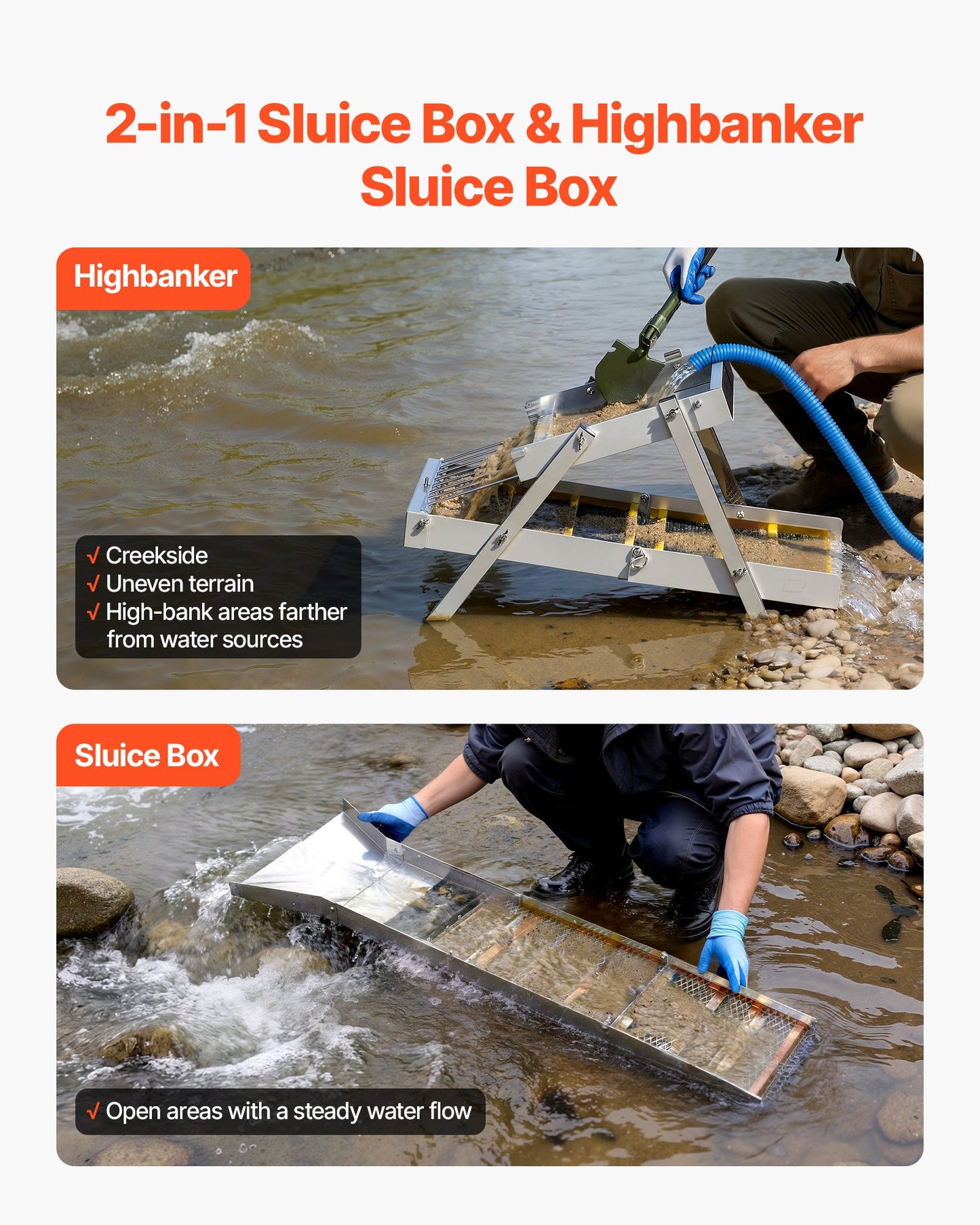High Banker Gold Sluice, 50" 2-in-1 Folding Highbanker Sluice Box, Aluminum Alloy, Portable Mining Equipment With Drawstring Backpack And Gloves, For Gold Prospecting In Creek, High Bank, River