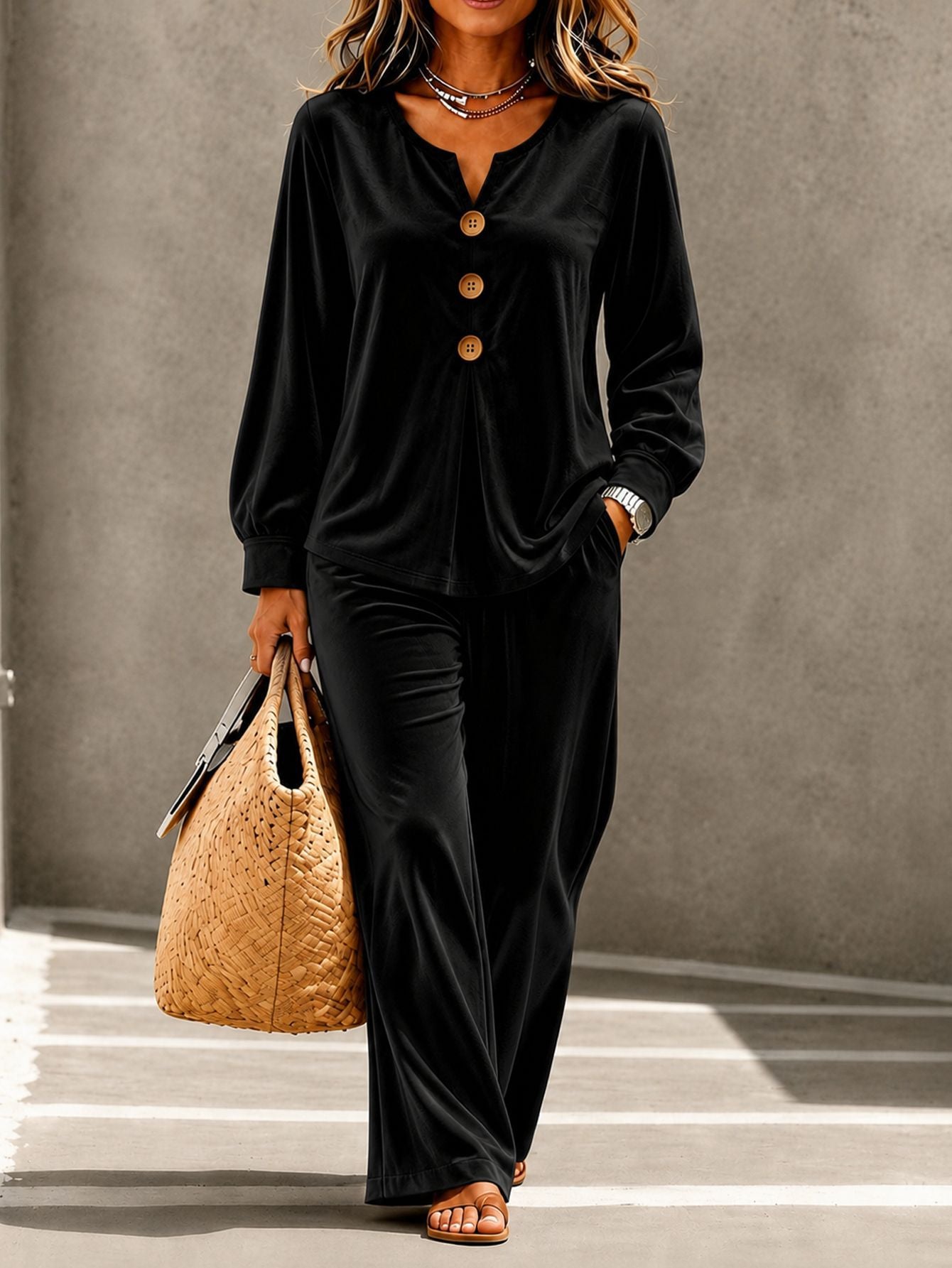 Womens New Velvet Casual Two-piece Set Featuring A V-neck Long-sleeve Top With Buttons And Matching Trousers