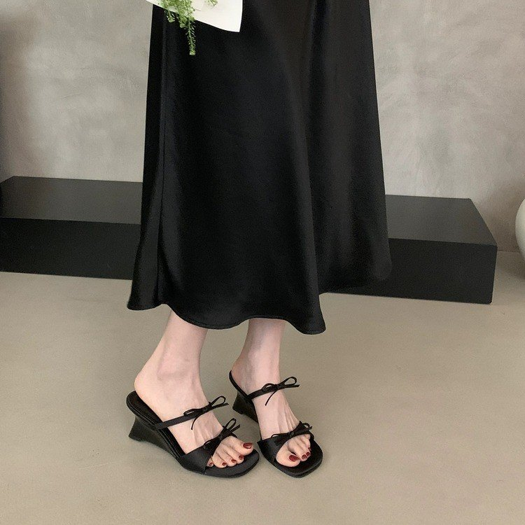 2026 Summer French Double Bow Open-toe Elegant Wedge Heel Women's Outdoor Slippers