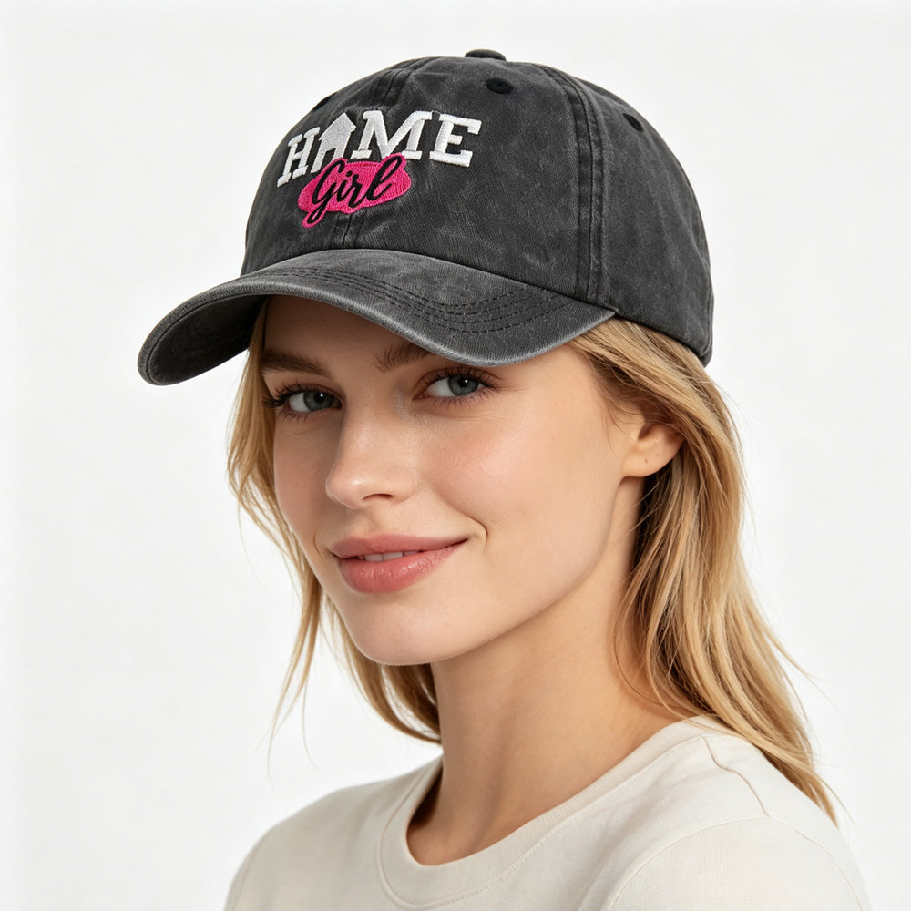 Vintage Washed Black Baseball Cap For Women, HOME Girl Embroidered Distressed Hat, Adjustable Soft Cotton Casual Trucker Hat