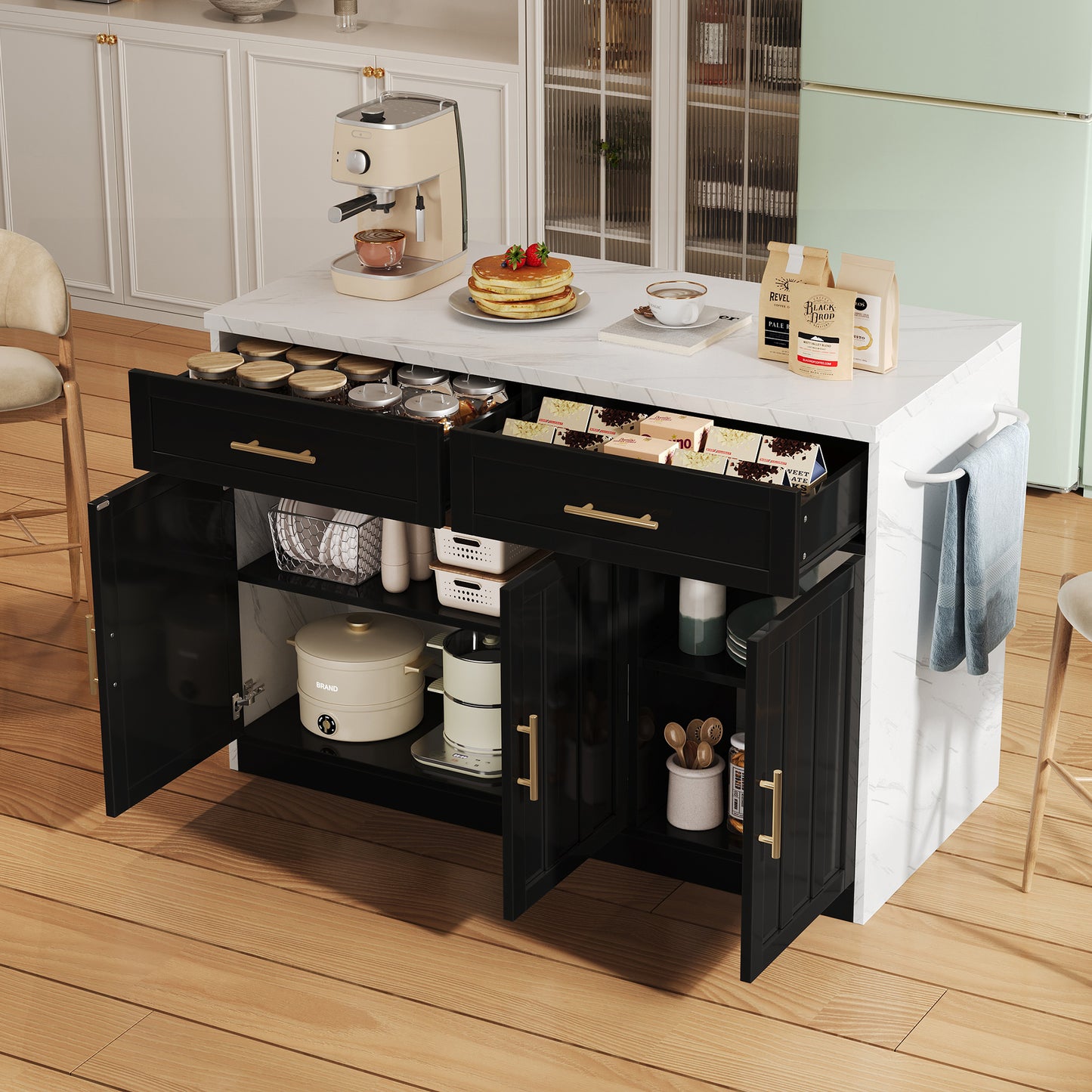 120x60x91cm, Kitchen Island, Sockets, USB Ports, 1.5m Long Power Cord, Adjustable Shelves, Metal Handles, Towel Rail, Bar Area, Suitable For Homes, Kitchens And Similar Rooms