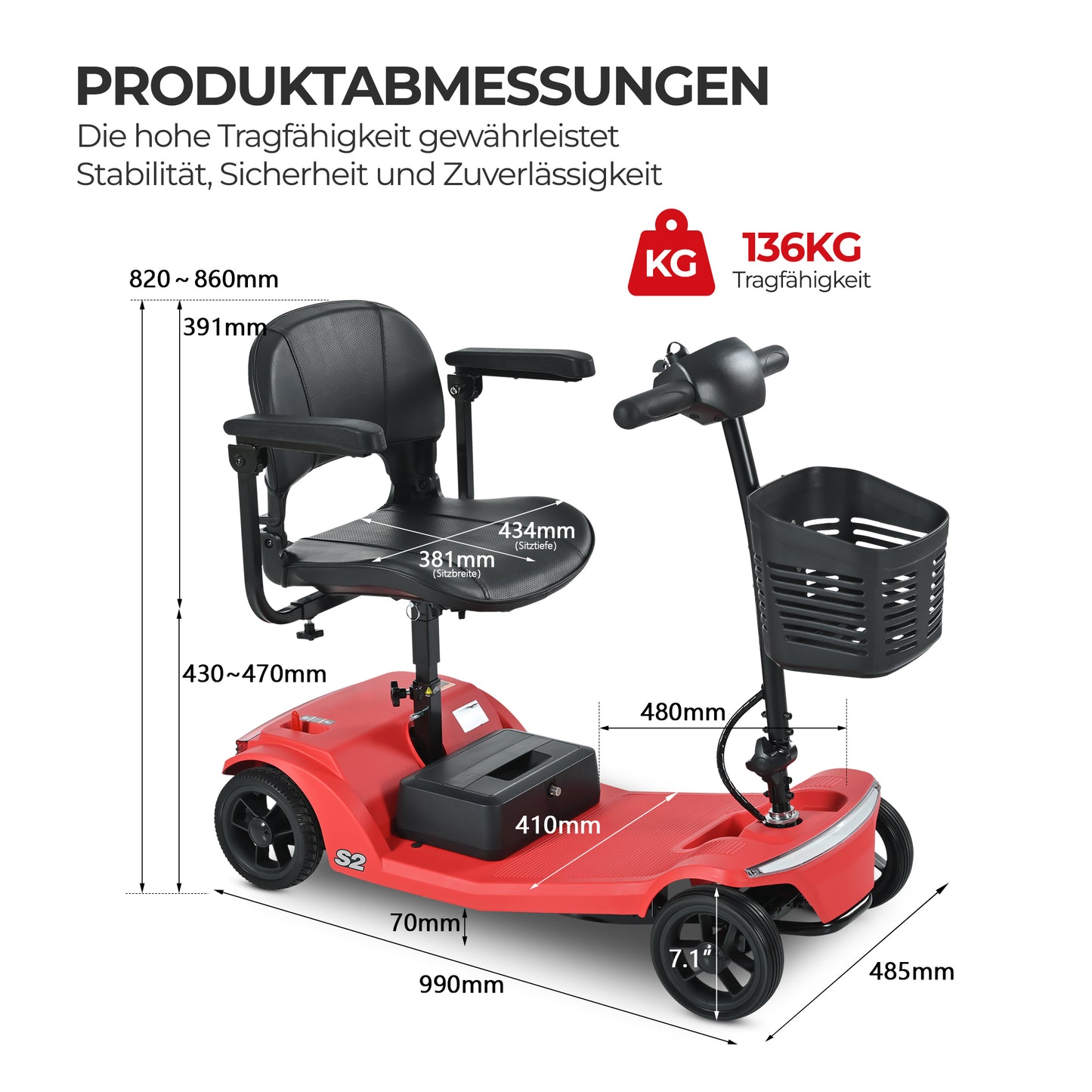 Four-wheeled Mobility Scooter For Seniors, Load Capacity 136 Kg, Speed 6 Km H, Removable Battery, USB Charging Port, No License Required  S2 RED