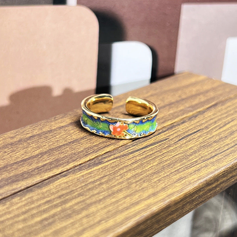 Premium Multihued Glaze Flower Enamel Ring Sweet Cool Retro Women Gift Ring