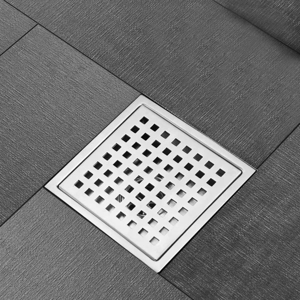 6 Inch Square Shower Drain With Removable Square Patterned Grate, 304 Stainless Steel With Flange And Hair Strainer, Brushed Nickel