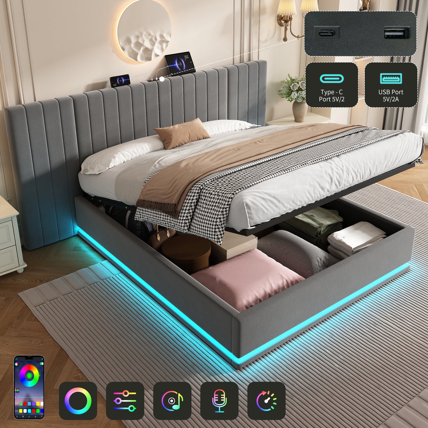 King Ottoman Bed With LED Lighting, Velvet Hydraulic Storage Bed With Charging Station, 5ft King Bed Frame Channel Tufted With Wide Headboard, USB And Type - C Ports, Grey No Mattress