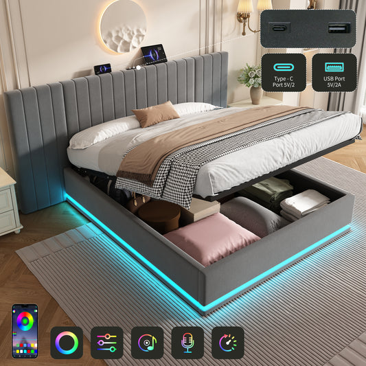 King Ottoman Bed With LED Lighting, Velvet Hydraulic Storage Bed With Charging Station, 5ft King Bed Frame Channel Tufted With Wide Headboard, USB And Type - C Ports, Grey No Mattress
