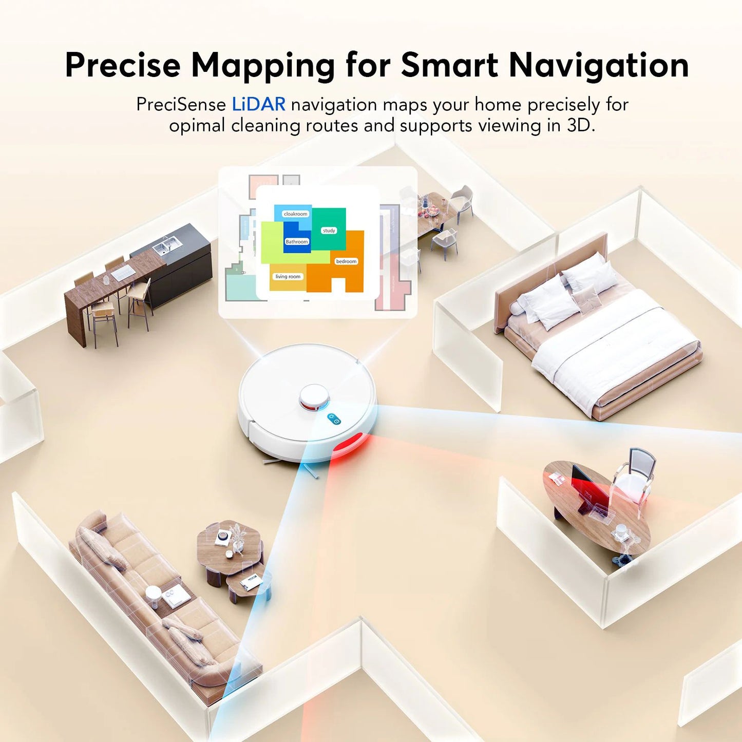 L21m PLUS Pet-Friendly Robot Vacuum Cleaner, TPU Rubber-Bristle Brush 6000Pa Powerful Suction, 3.0L Large Dust Bag, LiDAR Mapping, Auto Resume Cleaning For Home With Dogs Cats