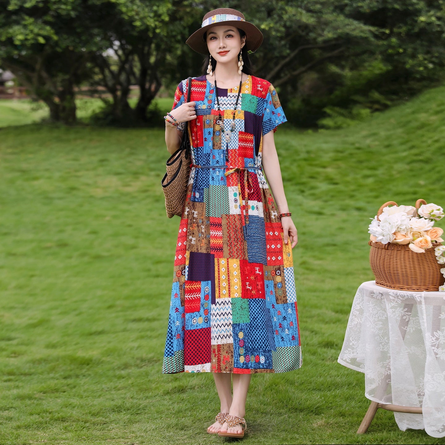 New Elegant Cotton Silk Dress For Middle Aged And Senior Women