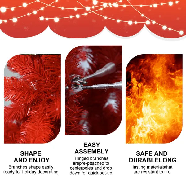 5FT Red Christmas Tree – Pure Red PVC Tree With 624 Tips, Hinged Branches For Easy Setup, Stable Metal Stand, Bold Holiday Decoration