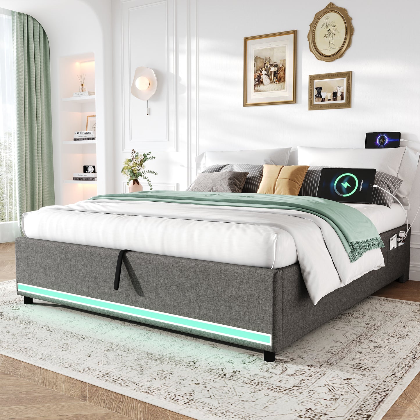 5ft King Hydraulic Storage Bed, No Headboard Linen Bed Frame With APP Control LED Lights, Side Charging Station, Side Pockets, Grey No Mattress