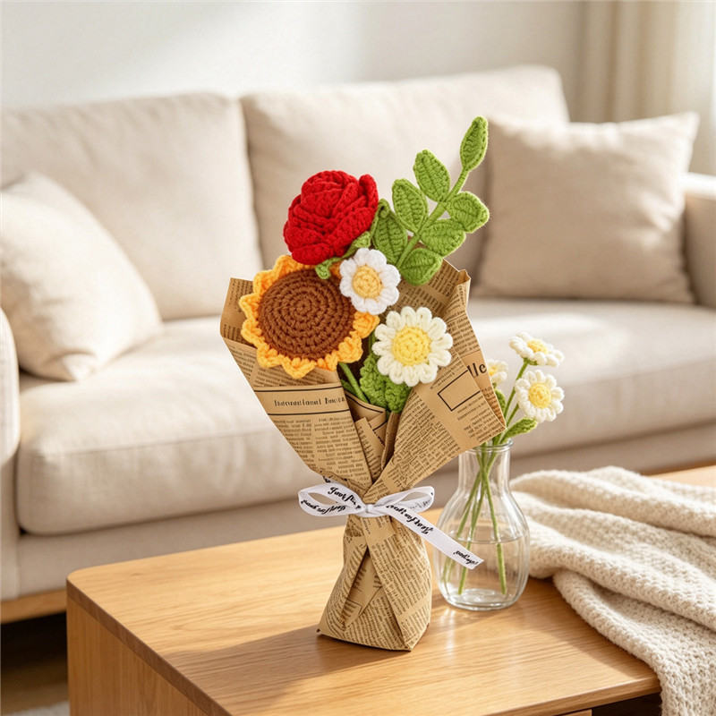 Knitted Sunflower Rose Flower Bouquet , Handmade Forever Floral Gift For Women Home Decor