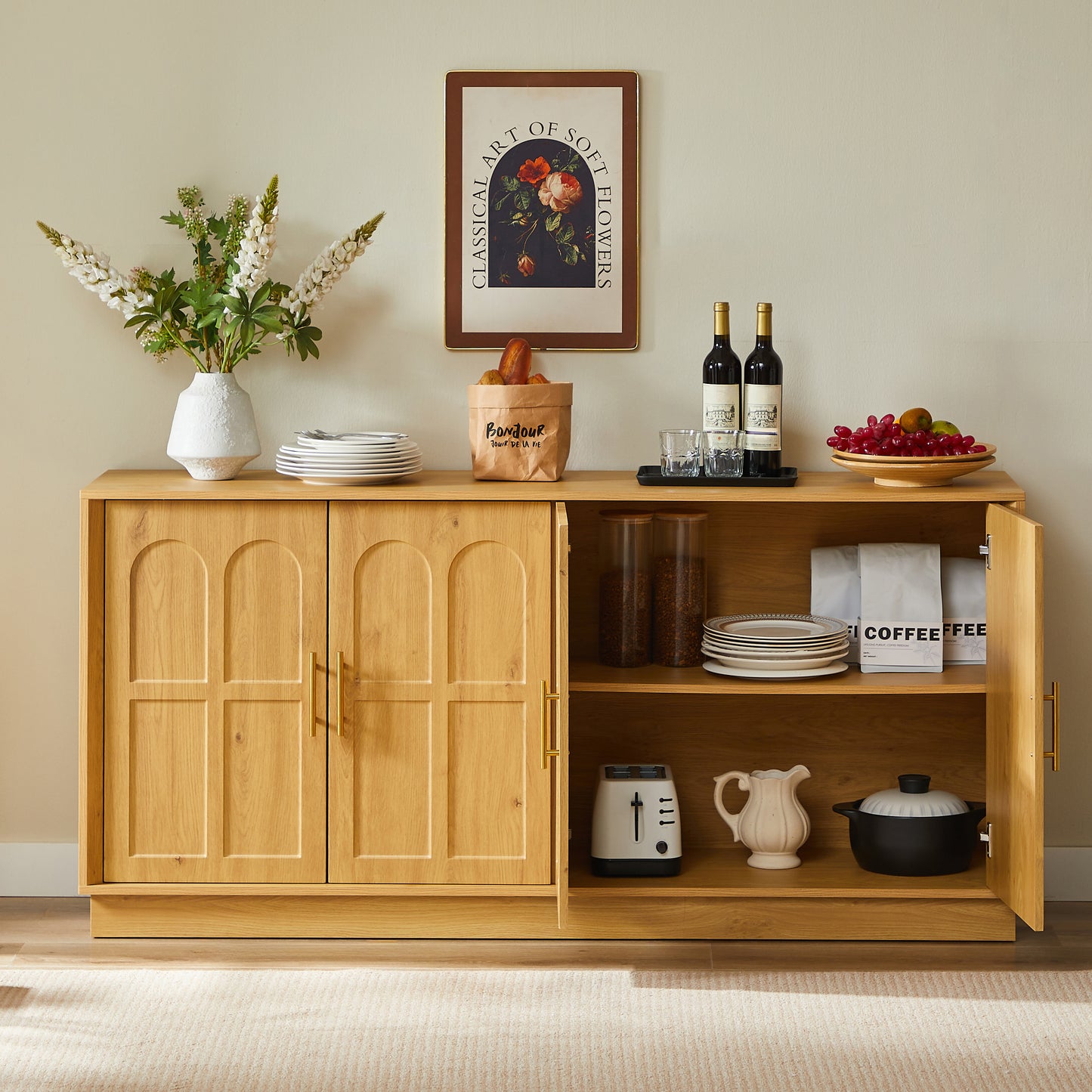 Extra Large Sideboard With Storage, Modern Display Case With Arched Front, 169cm Long TV Cabinet, Suitable For Living Room Kitchen Dining Room Hallway, Natural, 169x40x80cm