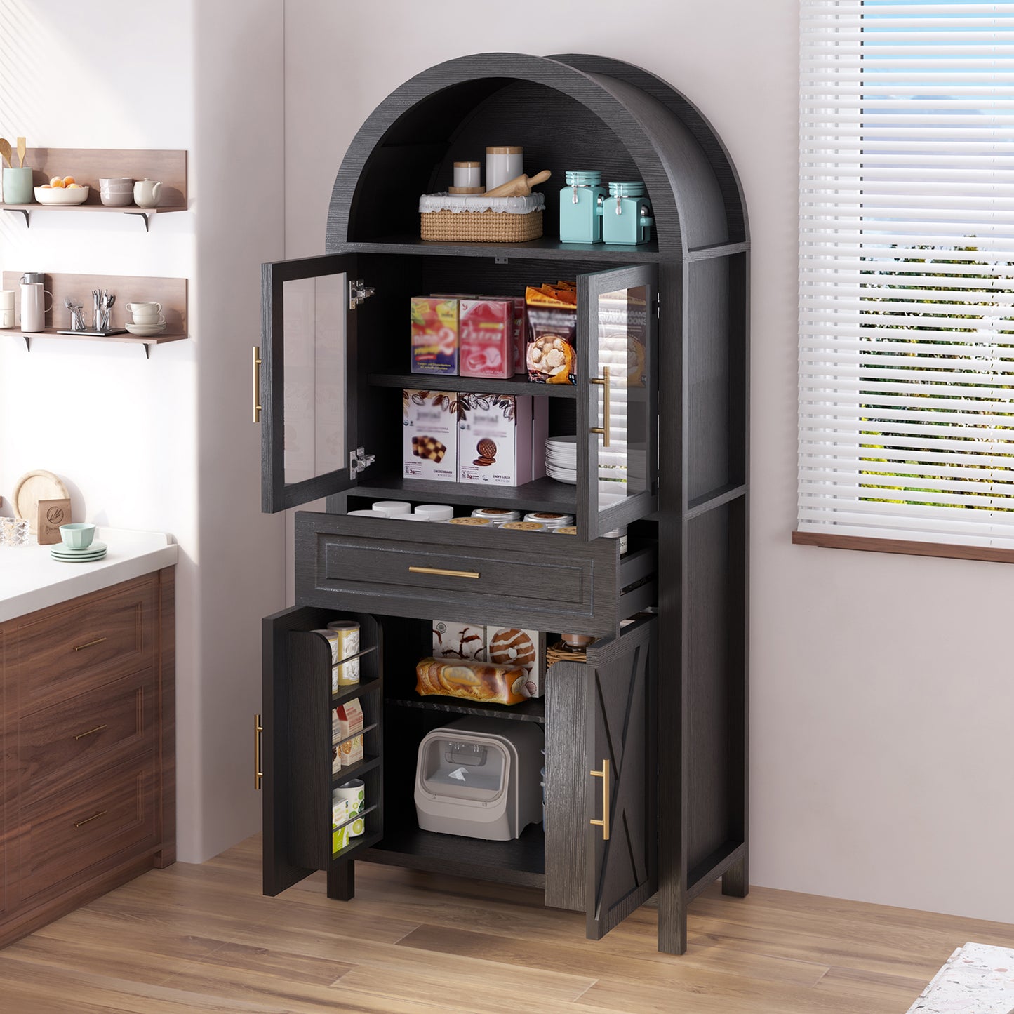 71  Tall Arched Kitchen Pantry Cabinet With Glass Door, Farmhouse Storage Pantry Cabinet With Adjustable Shelves & Barn Door Design For Kitchen, Living & Dining Room, Black