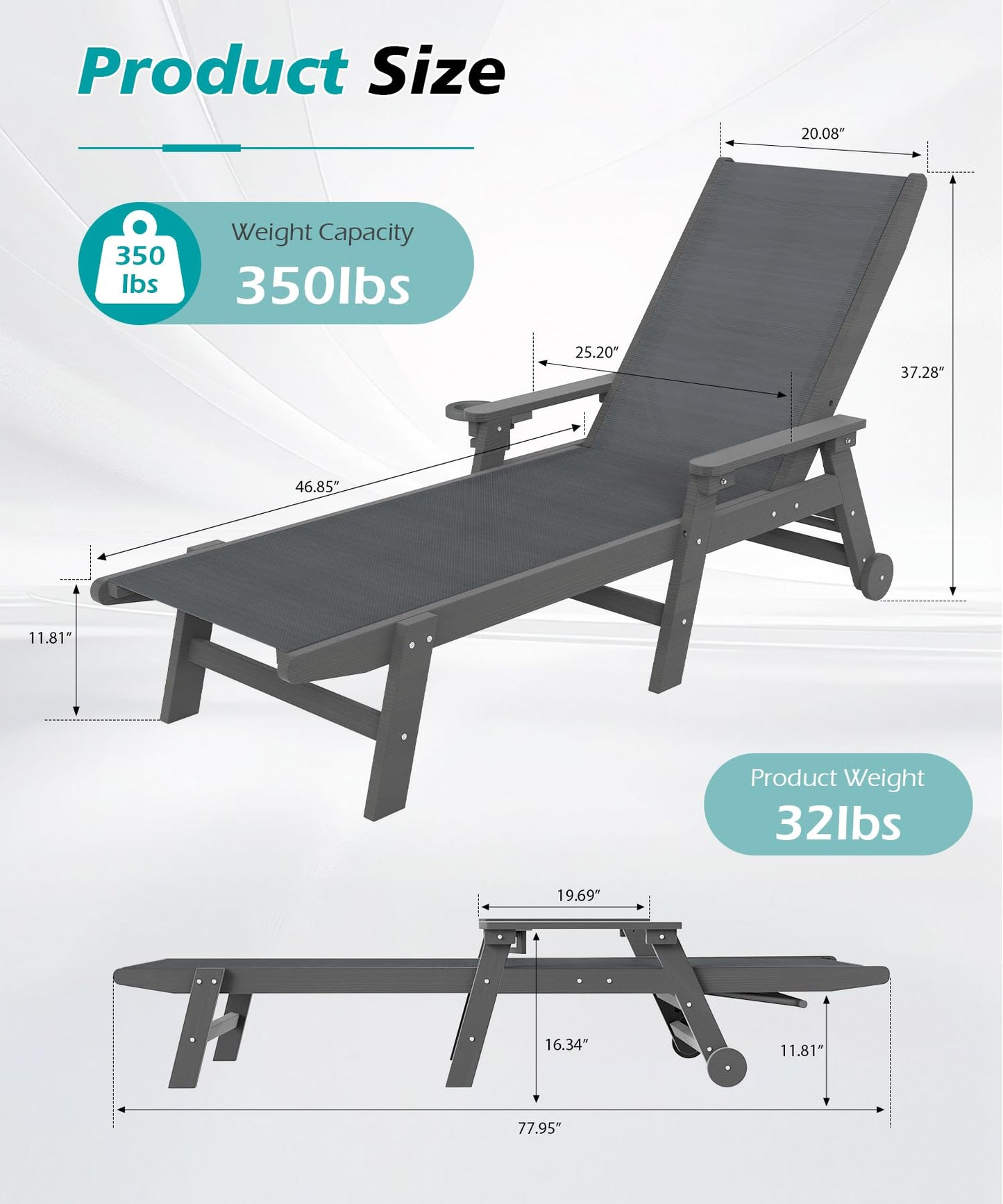 Lounge Chair Outdoor, HDPE Chaise Lounge Outdoor With Wheels, Patio Lounge Chair Adjustable 5-Position Recliner For Patio, Poolside, Yard, Dark Grey