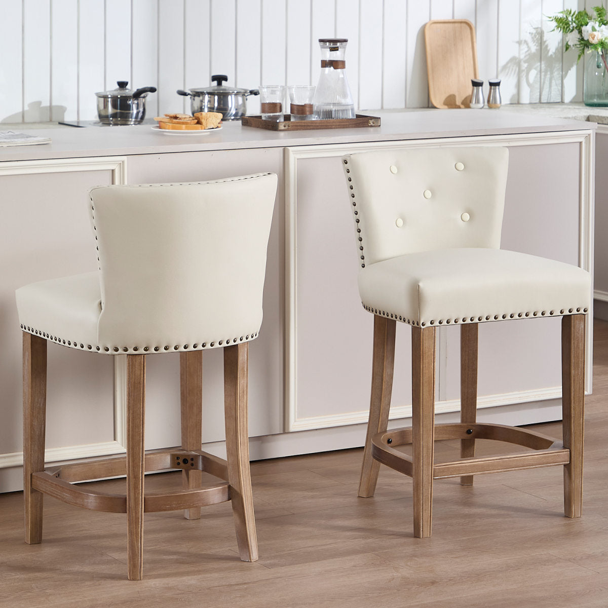 Cow top Leather Wooden Bar Stools, Fixed height Bar Chair with Backs,Bar height Couner Height Barstools  for Home Kitchen Dining Room and Bar Room(Beige 2pc)