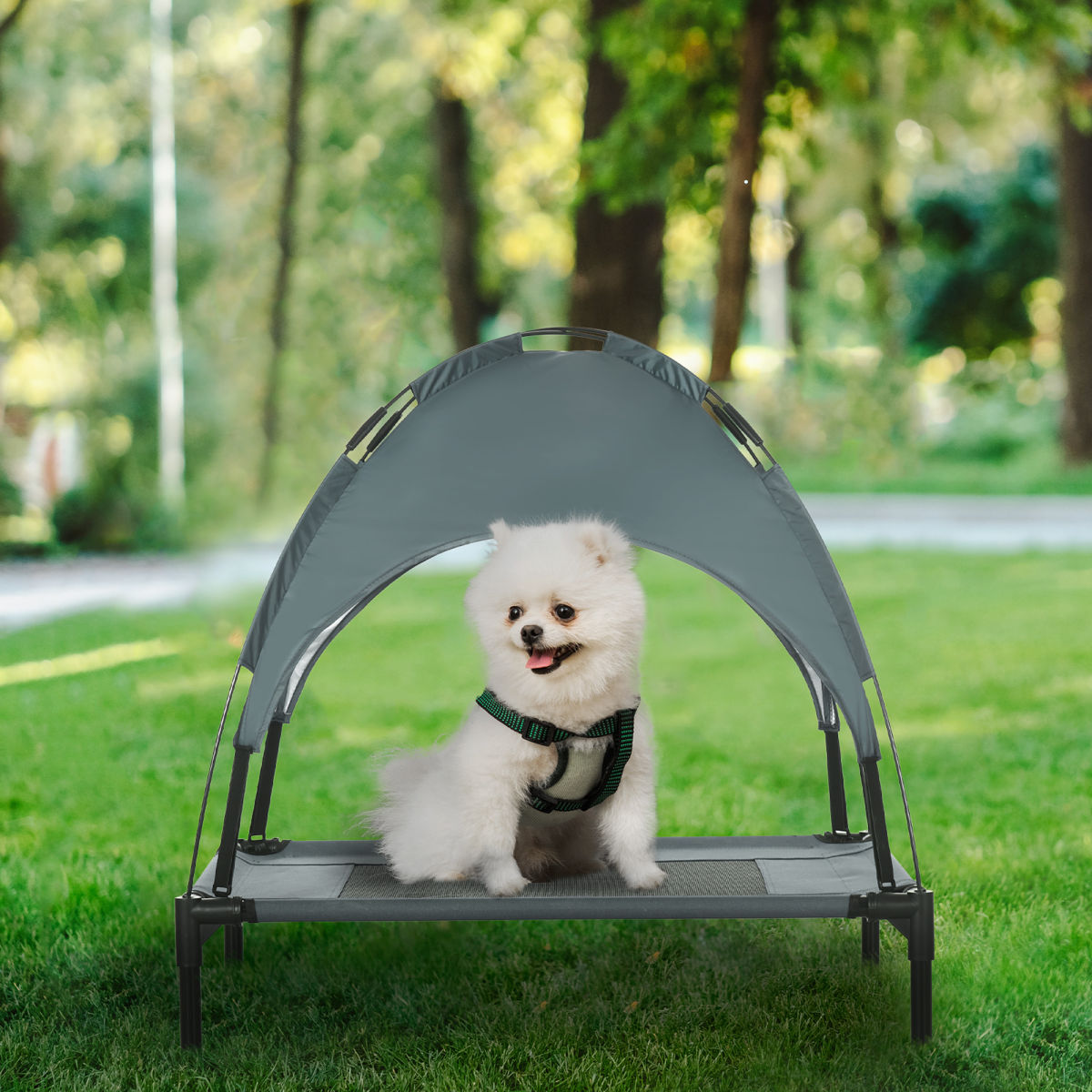 Elevated Dog Bed With Removable Canopy, Outdoor Dog Cot With UV Protection Canopy Shade, 30 Inch Pet Bed For Camping, Gray