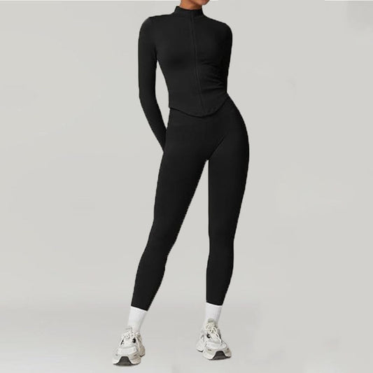 Stand-up Collar Zip-up Long-sleeve Yoga Jacket Workout Set