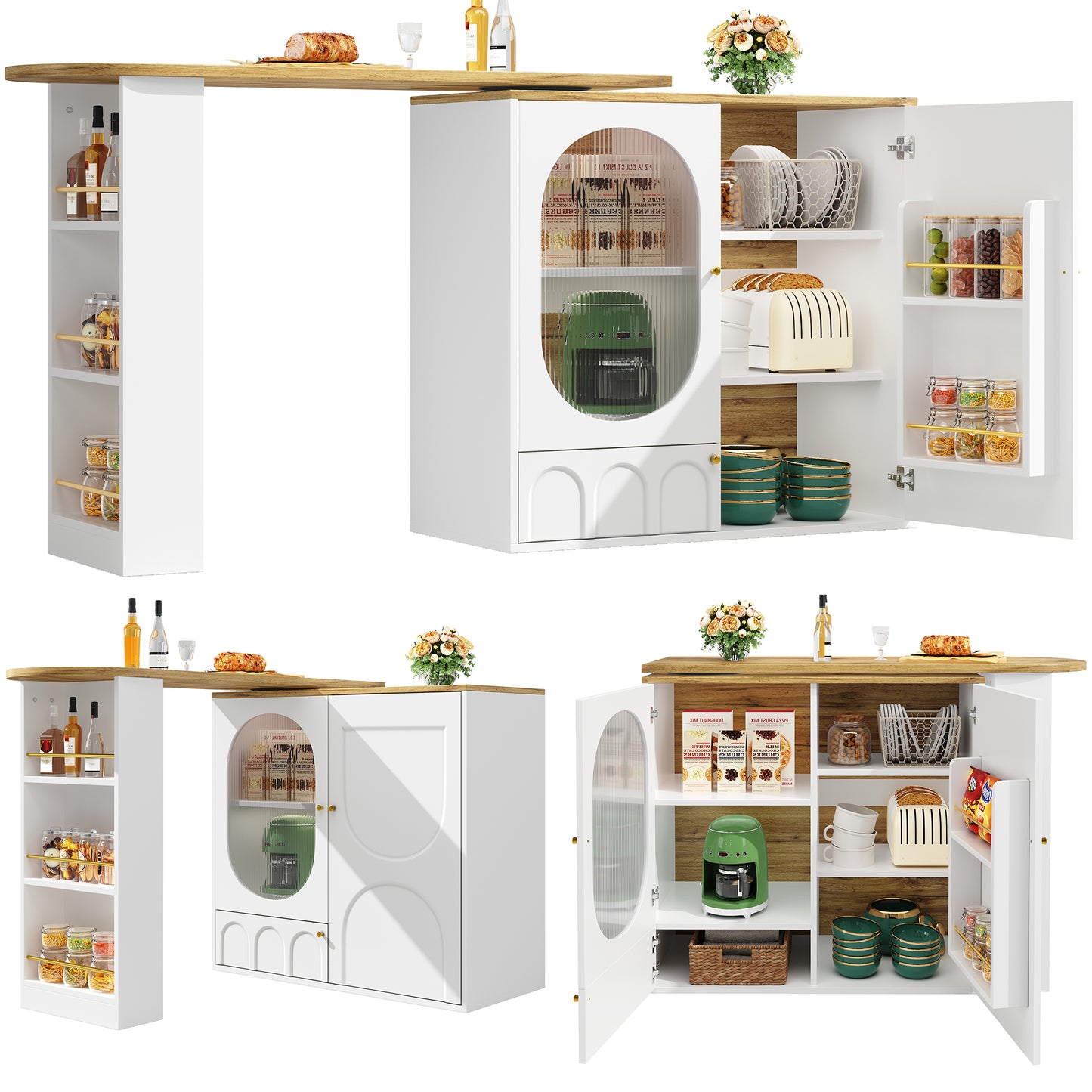 360 Rotatable Bar Table, Bar Table  Body 138 X 39 X 102 Cm , Coffee Bar Furniture, Swivel Dining Counter With Storage Space, Kitchen Island, Three Doors With Door Shelves, Removable Dividers, White