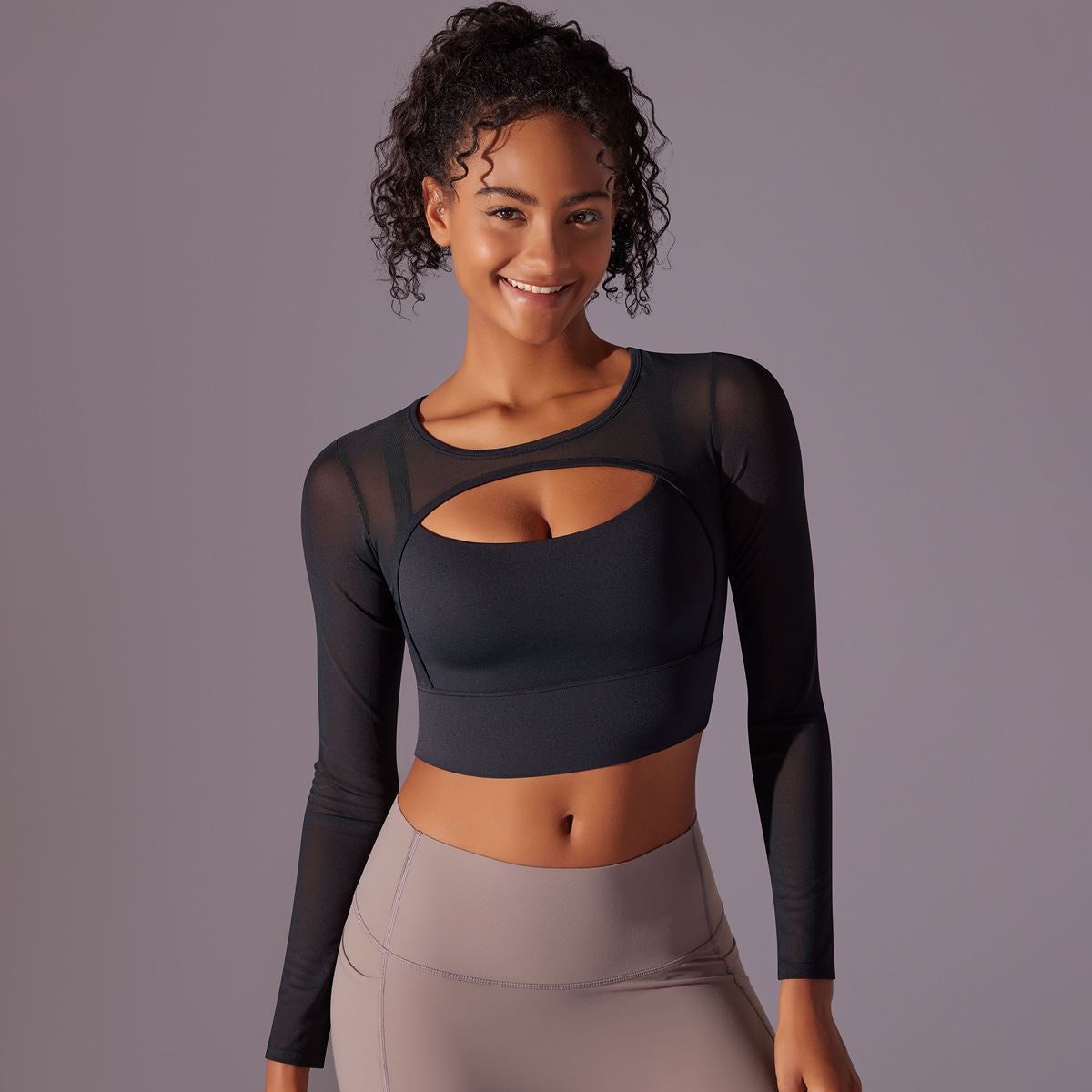 Women's Fashion Casual Mesh Yoga Clothes Long Sleeve With Chest Pad