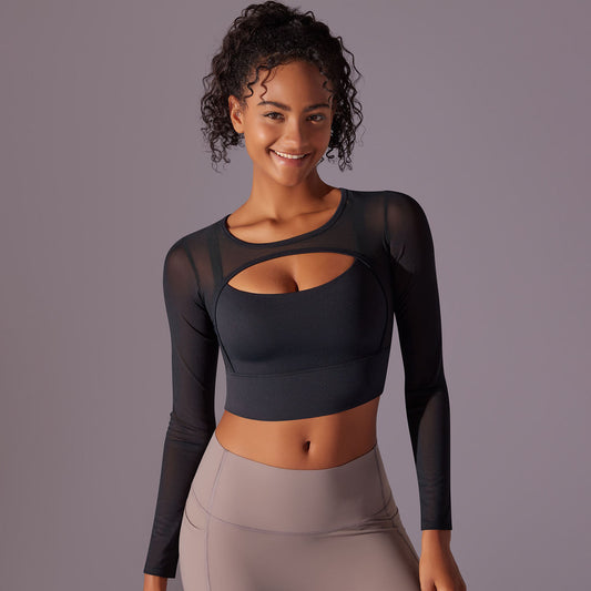 Women's Fashion Casual Mesh Yoga Clothes Long Sleeve With Chest Pad