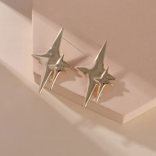 Korean Double Four-pointed Star Studs, Sweet  Long Earrings For Daily Commute