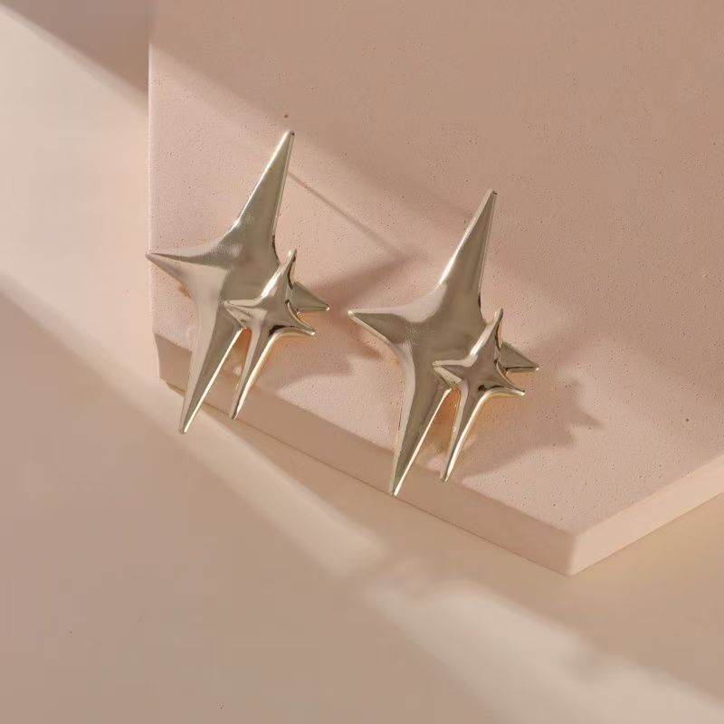 Korean Double Four-pointed Star Studs, Sweet  Long Earrings For Daily Commute