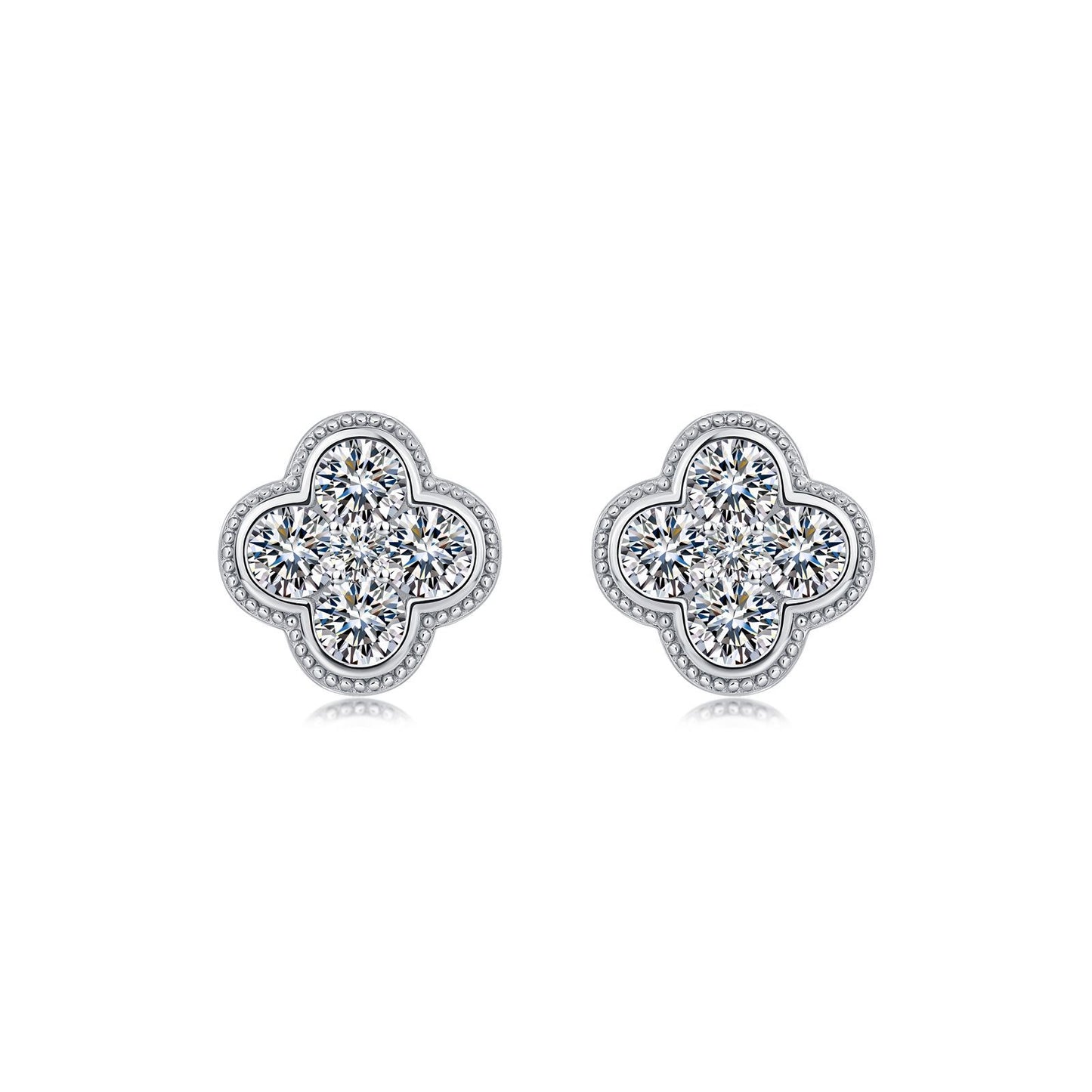 S925 Sterling Silver Clover Stud Earrings, 4mm D-VVS1 Moissanite 5-Stone Cluster, Platinum Plated 3.4g Elegant Women's Gift Box