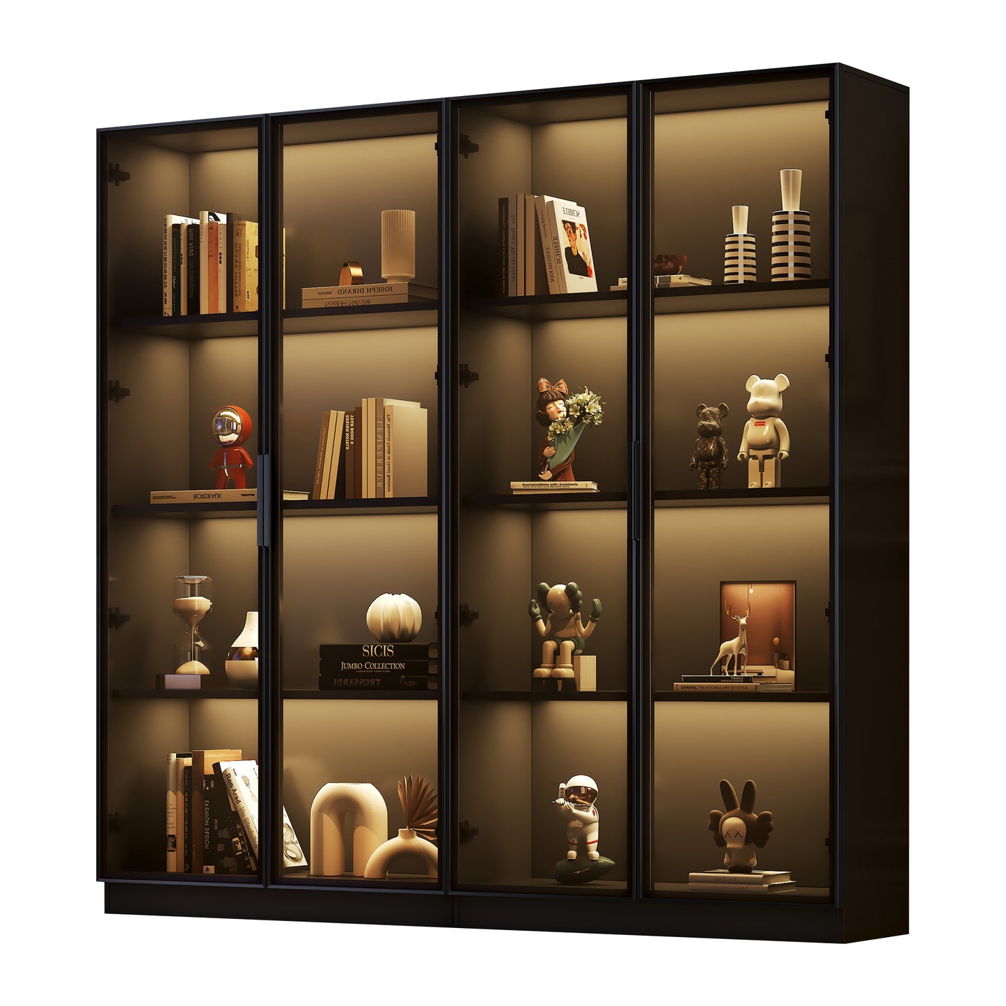Glass Display Cabinet With APP Controlled LED Lighting, 4 Door Storage Cabinet With Rolling Shelves, Living Room Tall Cabinet, Freestanding Display Cabinet, Bathroom Cabinet