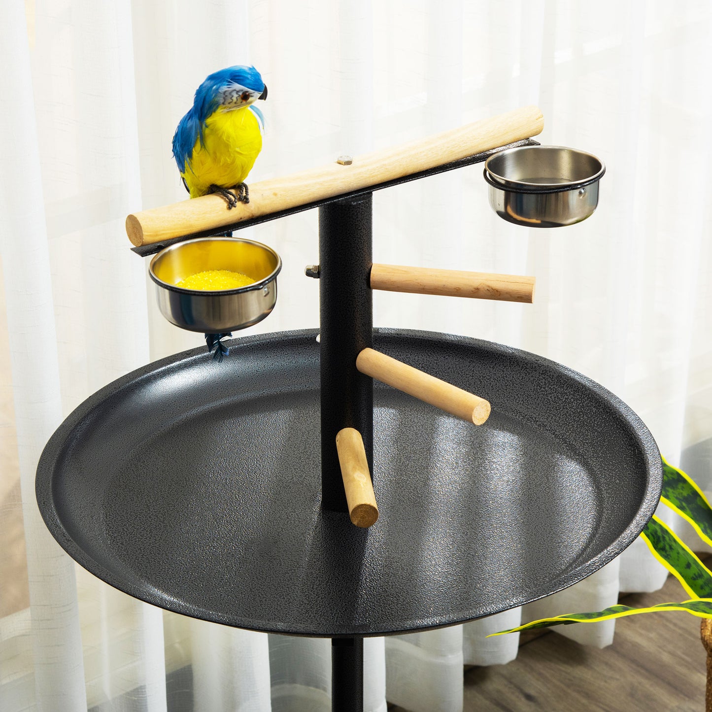 Portable Bird Play Stand, Parrot Perch Bird Feeder Station with Wheels, Stainless Steel Feeding Bowls, Tray, Gray