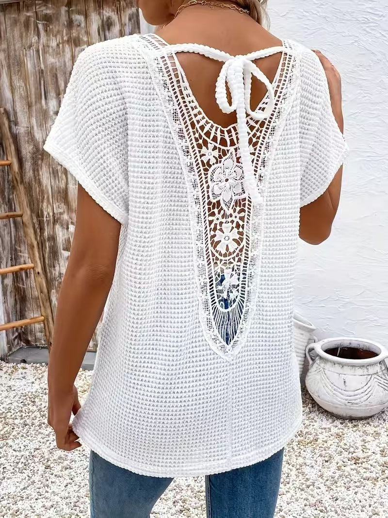 Womens Lace-Panel V-Neck Fashion T-Shirt