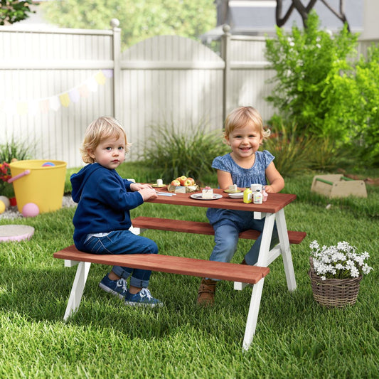Kids Picnic Table Set, Wooden Table & Bench Set, Kids Patio Furniture Outdoor Toys for Garden, Backyard, Aged 3-8 Years Old, Brown