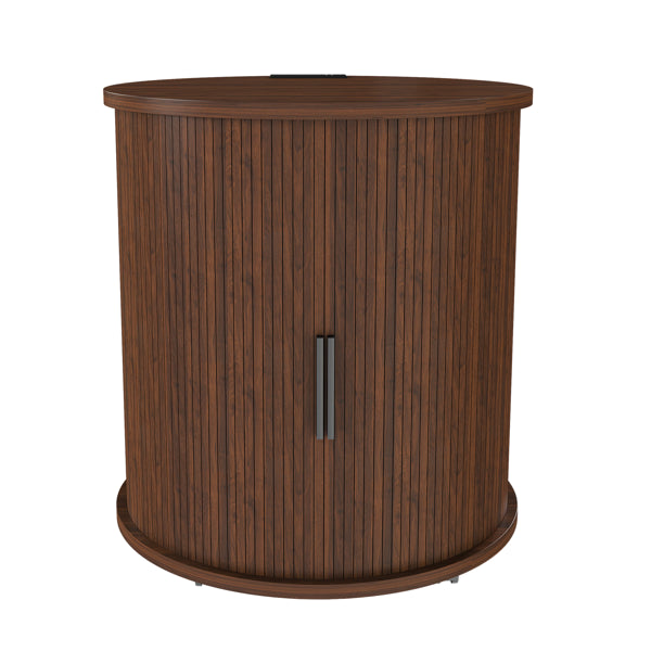 Set Of 2 Mid Century Modern Cylinder End Tables With Built-in Charging Station & Sliding Door, 2-Tier Storage Round Nightstands With USB Ports, Walnut Bedside Tables For Living Room, Bedroom, Entryway