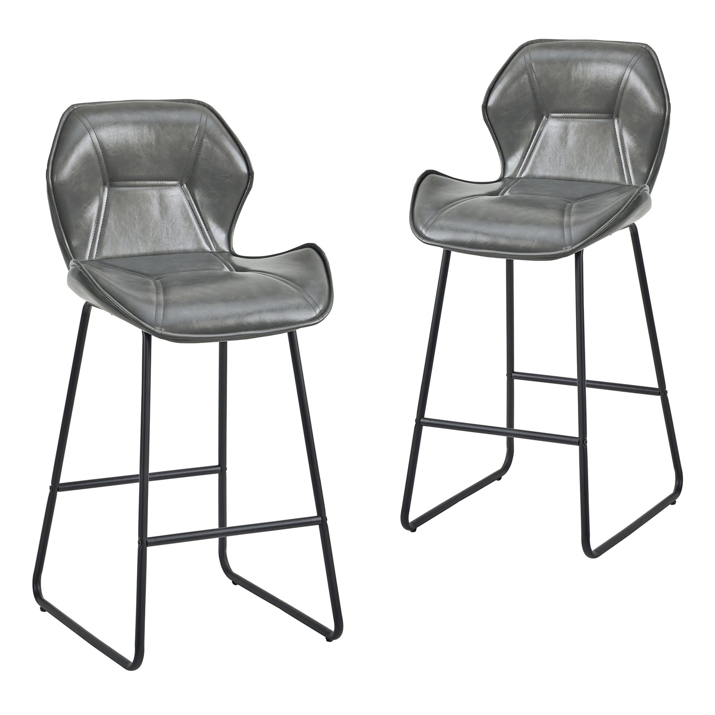 Set Of 2 Faux Leather Bar Stools, Modern Bar Stools With Backrest, Metal Frame And Footrest, For Kitchen, Counter, Home Bar And Dining Area,Grey
