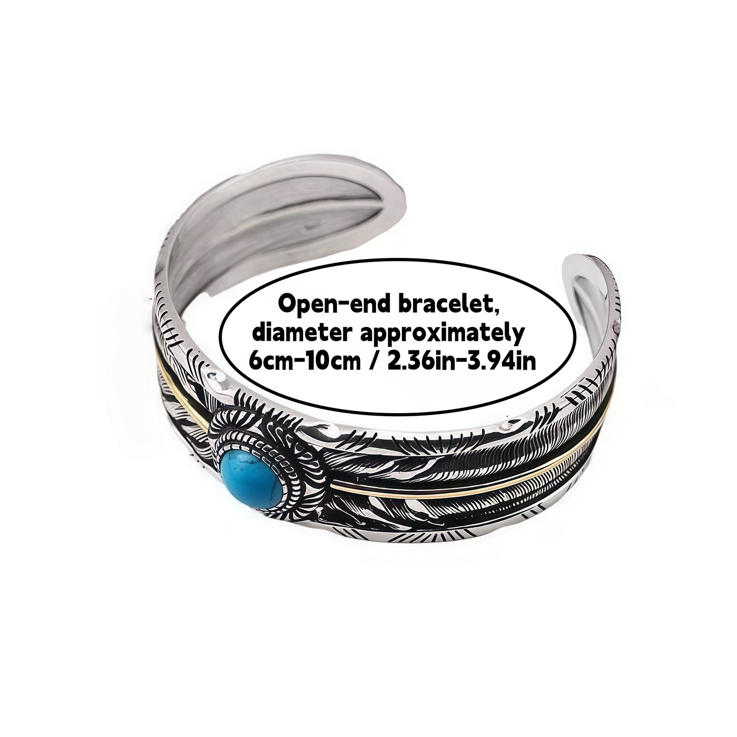 Vintage Native Feather Turquoise Open Cuff Bangle For Men Women, Copper Plated Silver Two-Tone Oxidized Western Tribal Adjustable Wrist Jewelry Gift