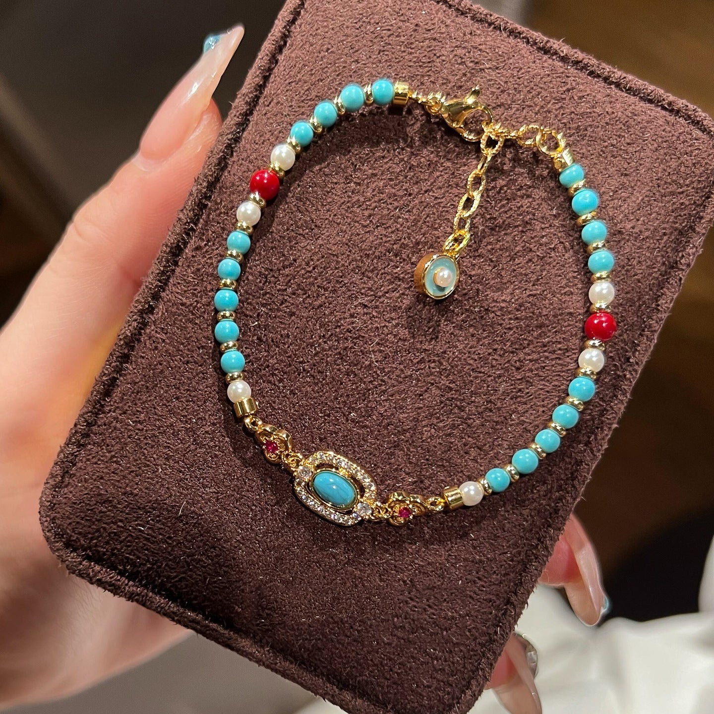 New Chinese-Style Ancient-Style Imitation Turquoise Beaded Bracelet, Stackable Metal Flower Bracelet, Versatile And Stylish Jewelry For Women