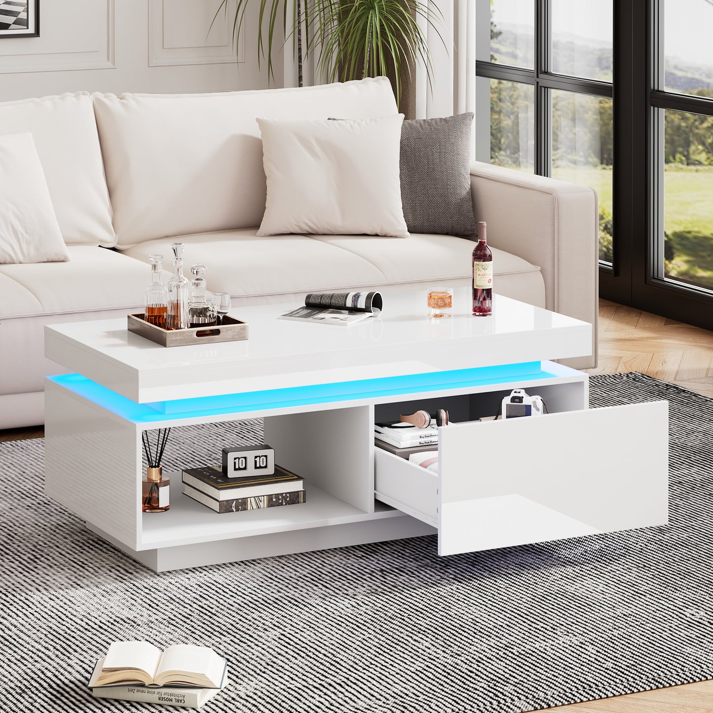Modern High-gloss Coffee Table With LED Lighting, 100x50x40.3 Cm - Elegant Table With Drawer And 50 Kg Load Capacity