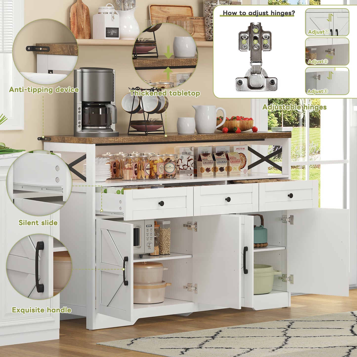 Sideboard 140cm With Storage, Coffee Bar Cabinet With 3 Drawers, Farmhouse Style  With Doors, Cabinets With Shelves, Suitable For Kitchen, Living Room, Hallway, Rustic White Brown Style