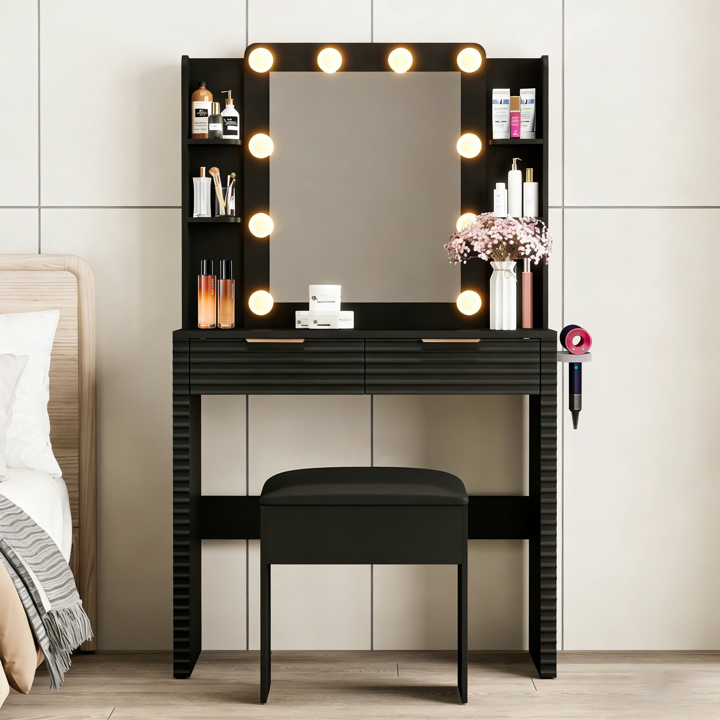 Makeup Vanity Desk With 10 Hollywood Bulbs, Fluted Dressing Table With Charging Station, 2 Drawers And 4 Open Shelves, Hairdryer Holder, Padded Stool With Storage , Black