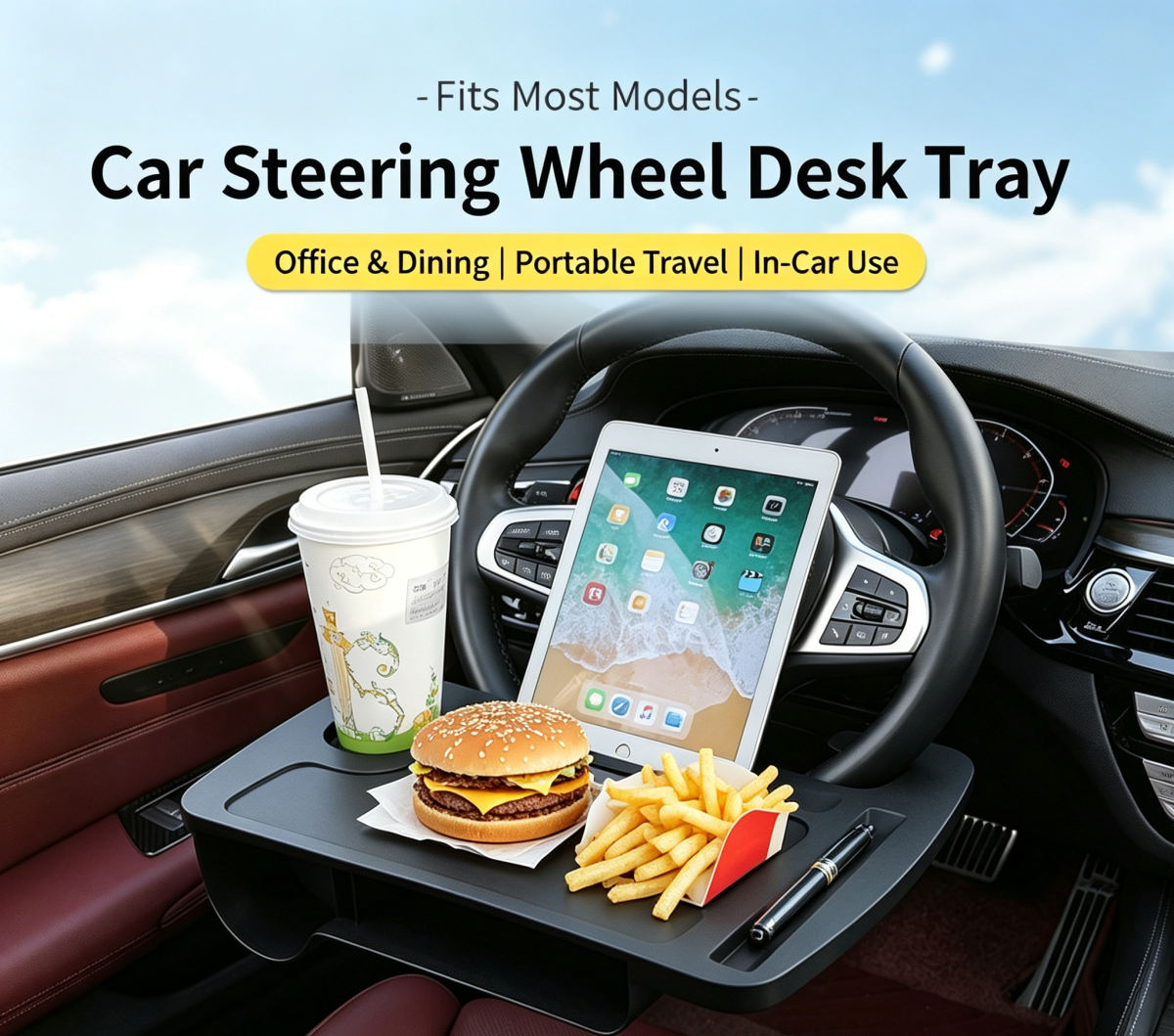 Multifunctional Car Steering Wheel Tray, Portable Auto Dining Table With Beverage Holder, In Vehicle Laptop & Writing Desk