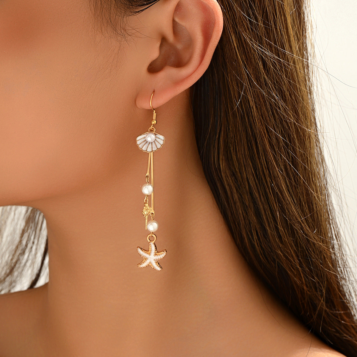 Cross-border European American Ocean Style Women Jewelry, Niche Long Drop Earrings With Shell & Starfish Pendant Inlaid Faux Pearl, Light Luxury Elegant Ear Accessories