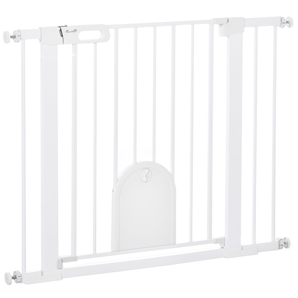 PawHut Dog Gate With Cat Flap Pet Safety Gate Barrier, Stair Pressure Fit, Auto Close, Double Locking, For Doorways, Hallways, 75-103 Cm White