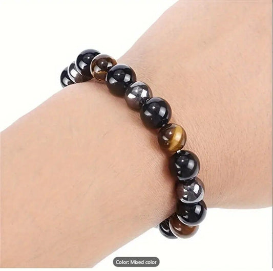 Triple Protection Bracelet, 2 Pieces Black Obsidian Tiger's Eye Stone Hematite Bracelet, Natural Tiger's Eye Bracelet Good Luck Bracelet Gift For Him Friend Husband Father