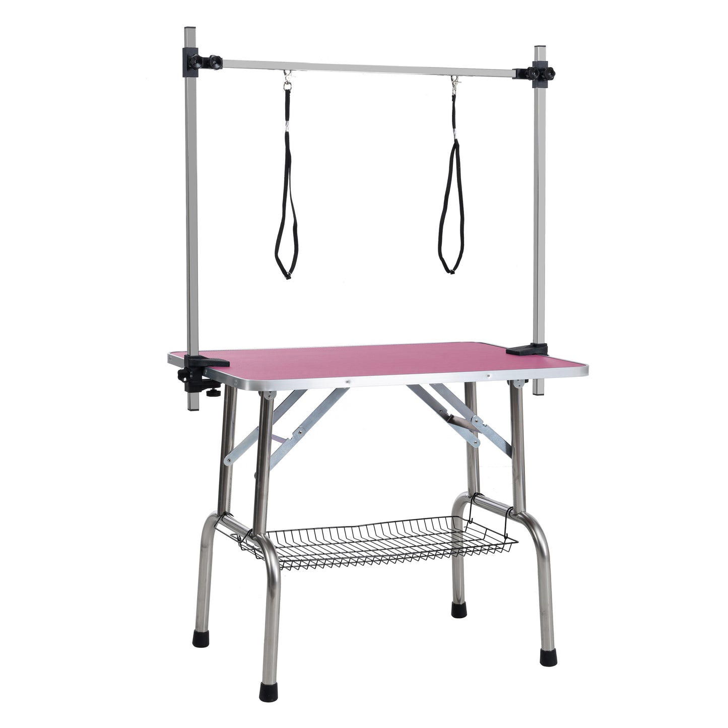 46  Folding Dog Pet Grooming Table Stainless Steel Frame Rubber Mat On Board With Adjustable Arm And Clamps Pet Dog Cat Grooming Table  PINK COLOR