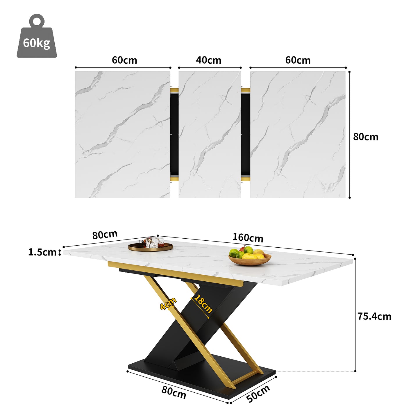 Dining Table Extendable Table  120-160x80cm , Kitchen Living Room Table, Extendable Table, Extendable To 160cm With The Help Of Internal Insertion Plate, Dining Table With Golden Cross Legs