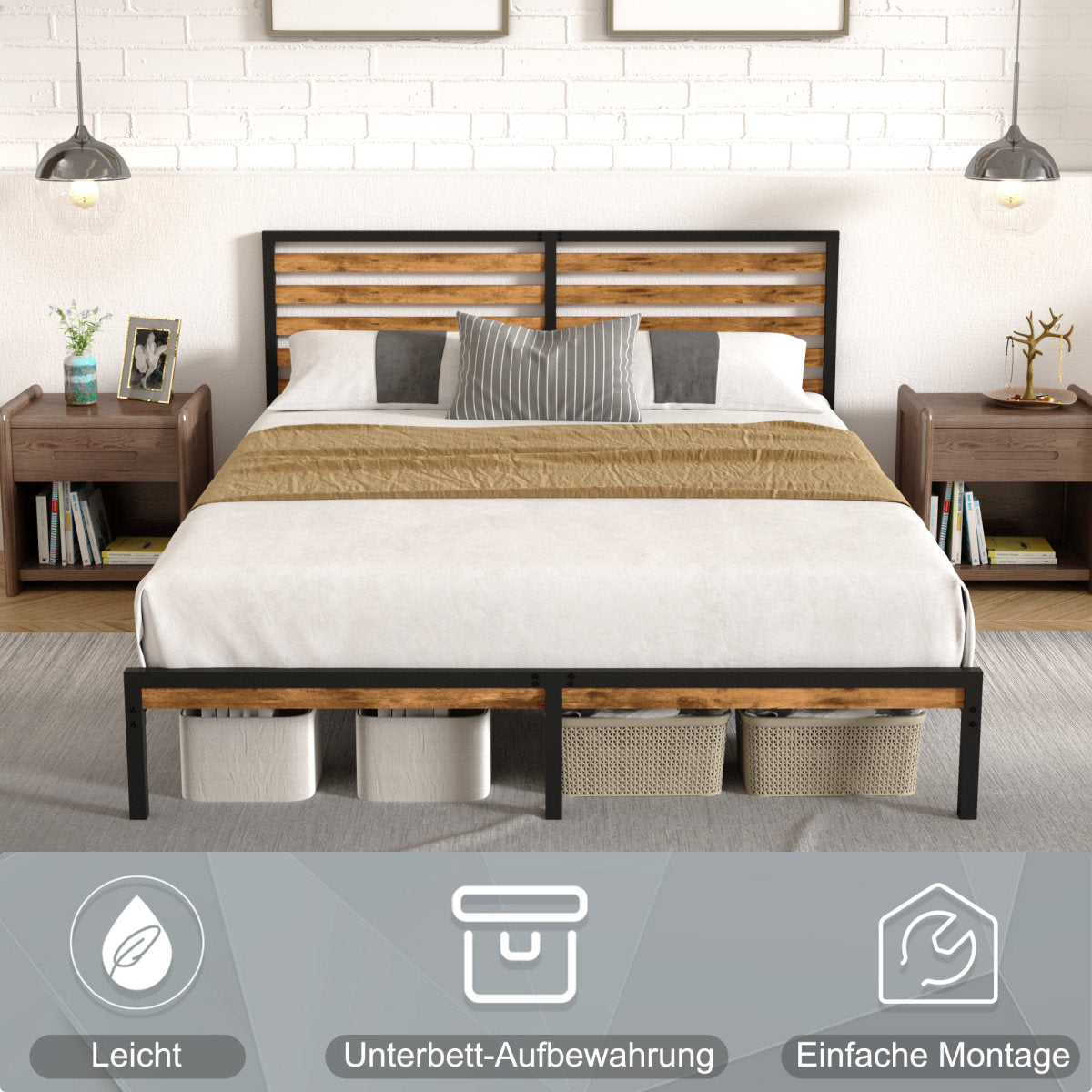 Full Size Bed Frame With Wood Headboard, Heavy Duty Metal Platform Bed With Under Bed Storage, Noise-Free Mattress Foundation With Slats, No Box Spring Needed,  Rustic Brown & Black