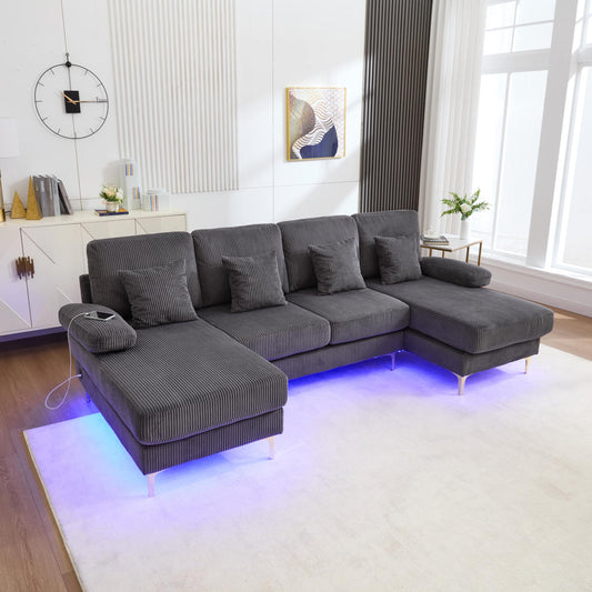 Modern U-shaped Sofa With LED Ambient Lighting & The USB-C Port Solid Wood Frame, 4 Luxurious Cushions & Ergonomic Premium Backrest For Maximum Comfort, Grey