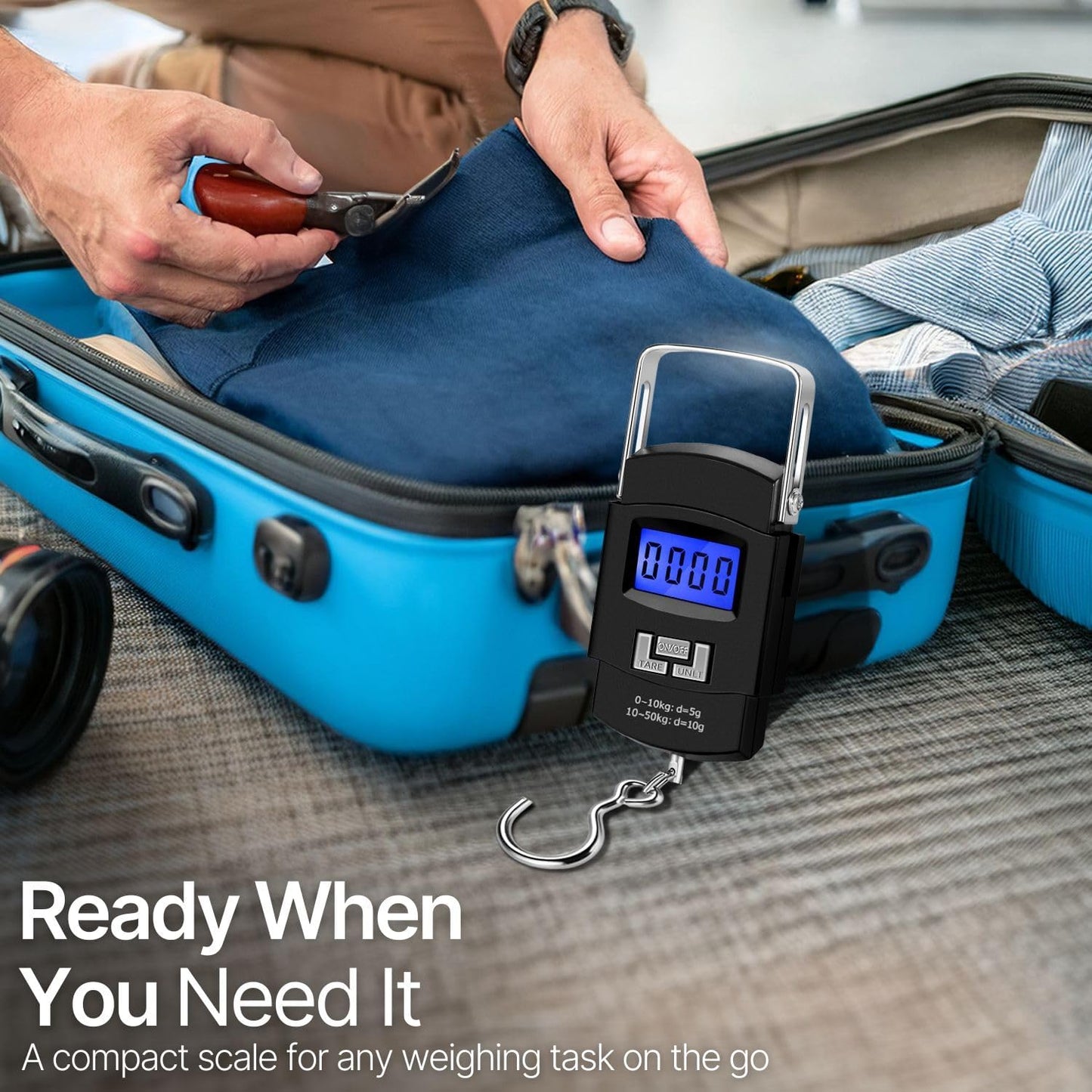 Digital Hanging Scale 110lb 50kg Portable Luggage Fish Scale With Tare, Backlit LCD, Steel Hook, Tape, Multi Unit Kg Lb Oz Jin, Batteries Included. Great For Travel, Fishing, Home, Farm, Hunting